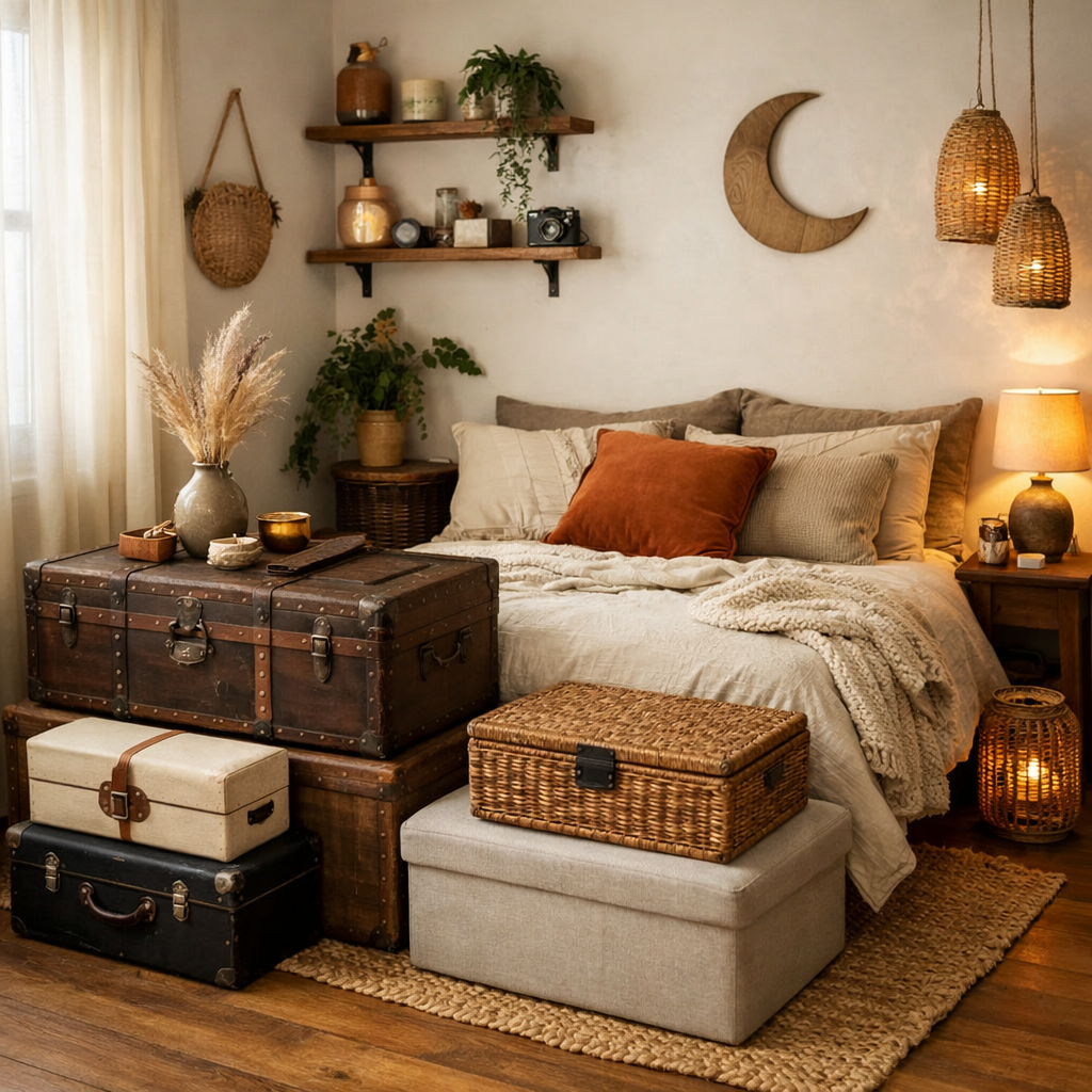 A cozy bedroom with various hidden storage solutions, including vintage trunks and woven baskets.