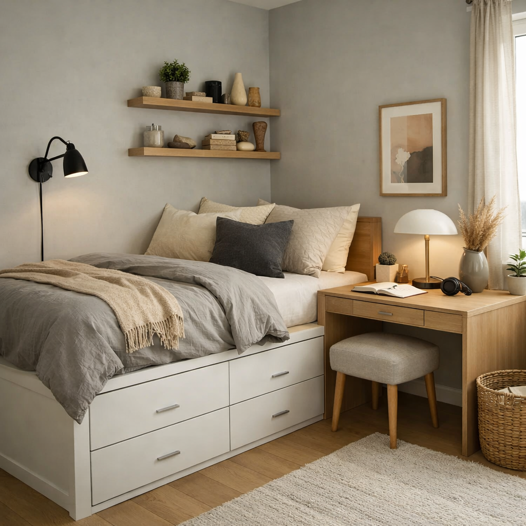 A stylish small bedroom featuring a multifunctional bed with storage drawers, a compact desk, and wall shelves.