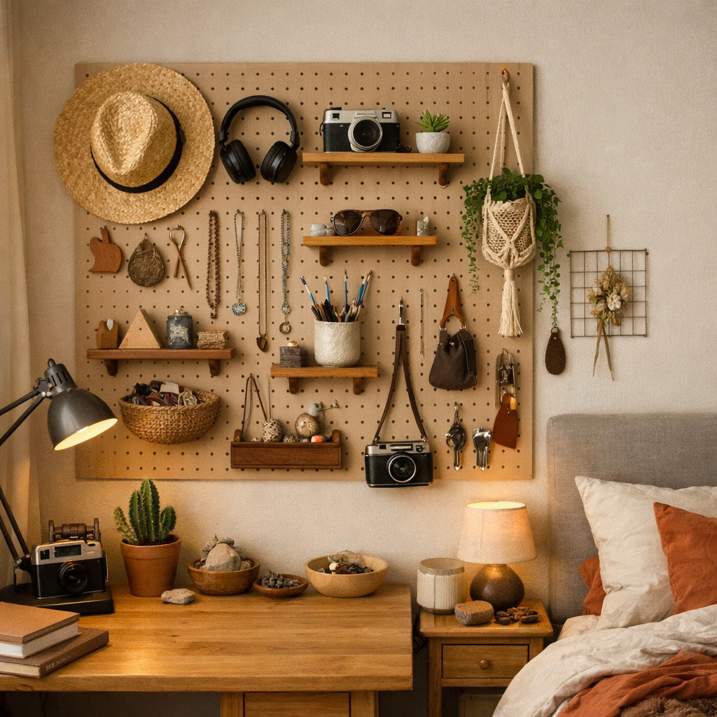 A pegboard displaying accessories like hats, headphones, cameras, and plants against a cozy bedroom backdrop.