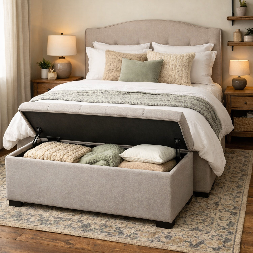 A stylish storage ottoman at the foot of a bed, showing blankets and pillows inside.