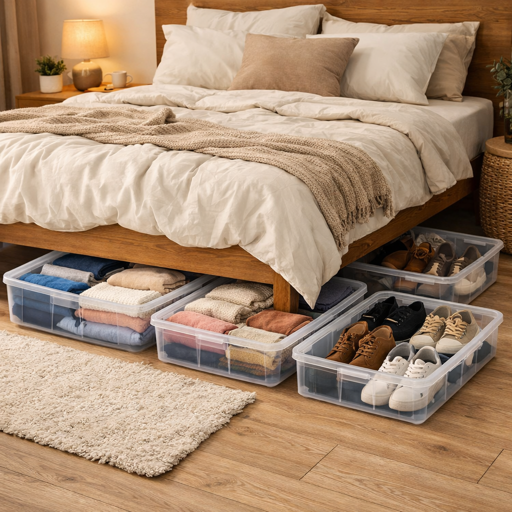 Under-bed storage containers filled with folded clothes and shoes