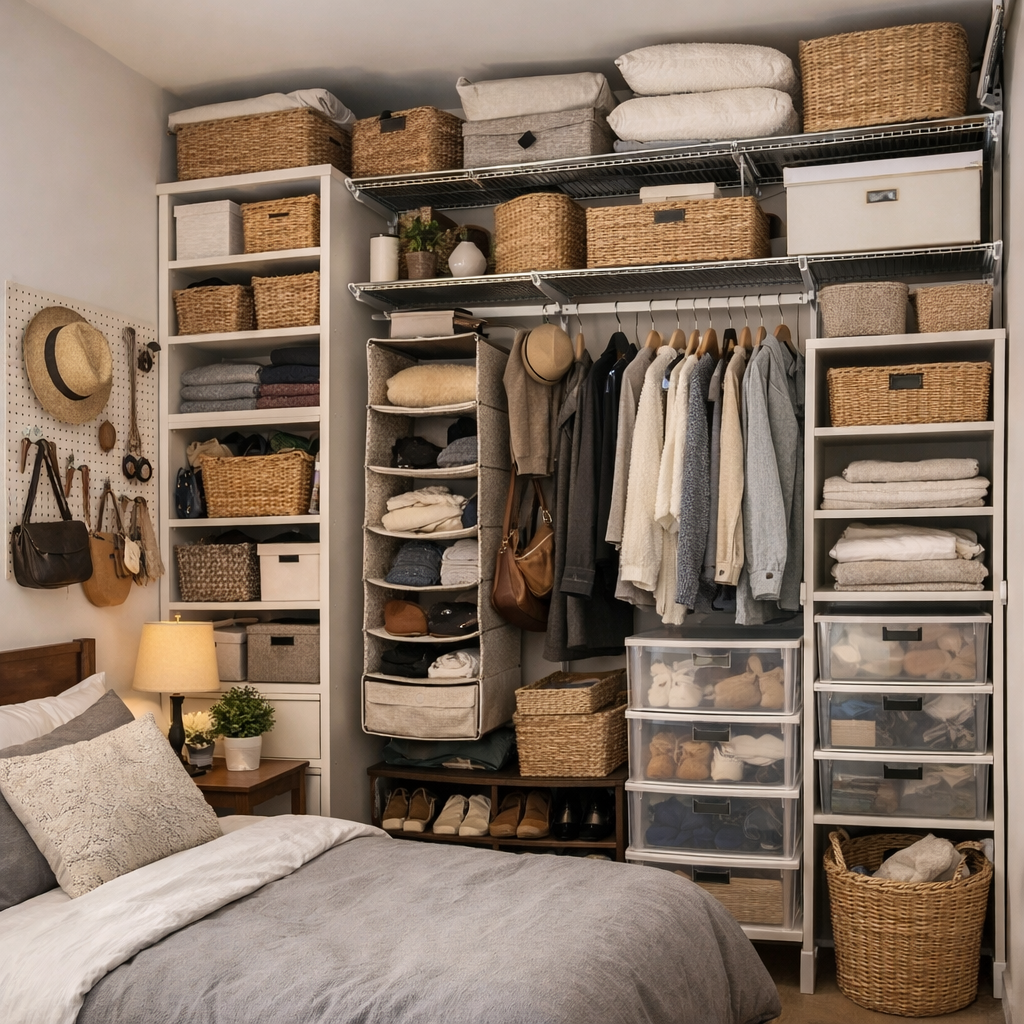 A small bedroom with effective vertical storage solutions, including shelves, baskets, and hanging racks.