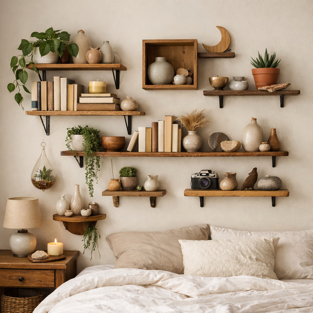 A stylish arrangement of wall-mounted shelves in a small bedroom, featuring books, plants, and decorative items.