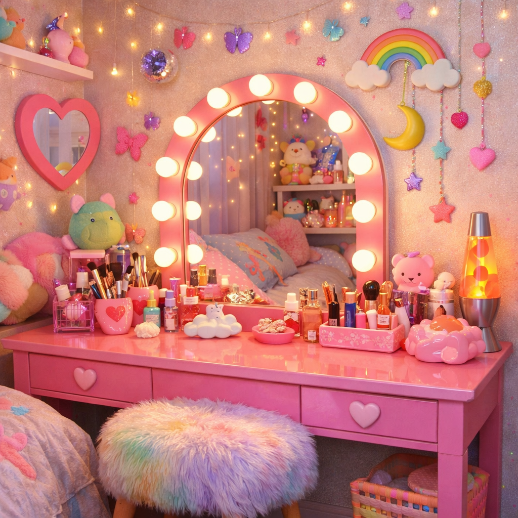 A vibrant pink vanity setup with lights, surrounded by fun decorations and personal items.
