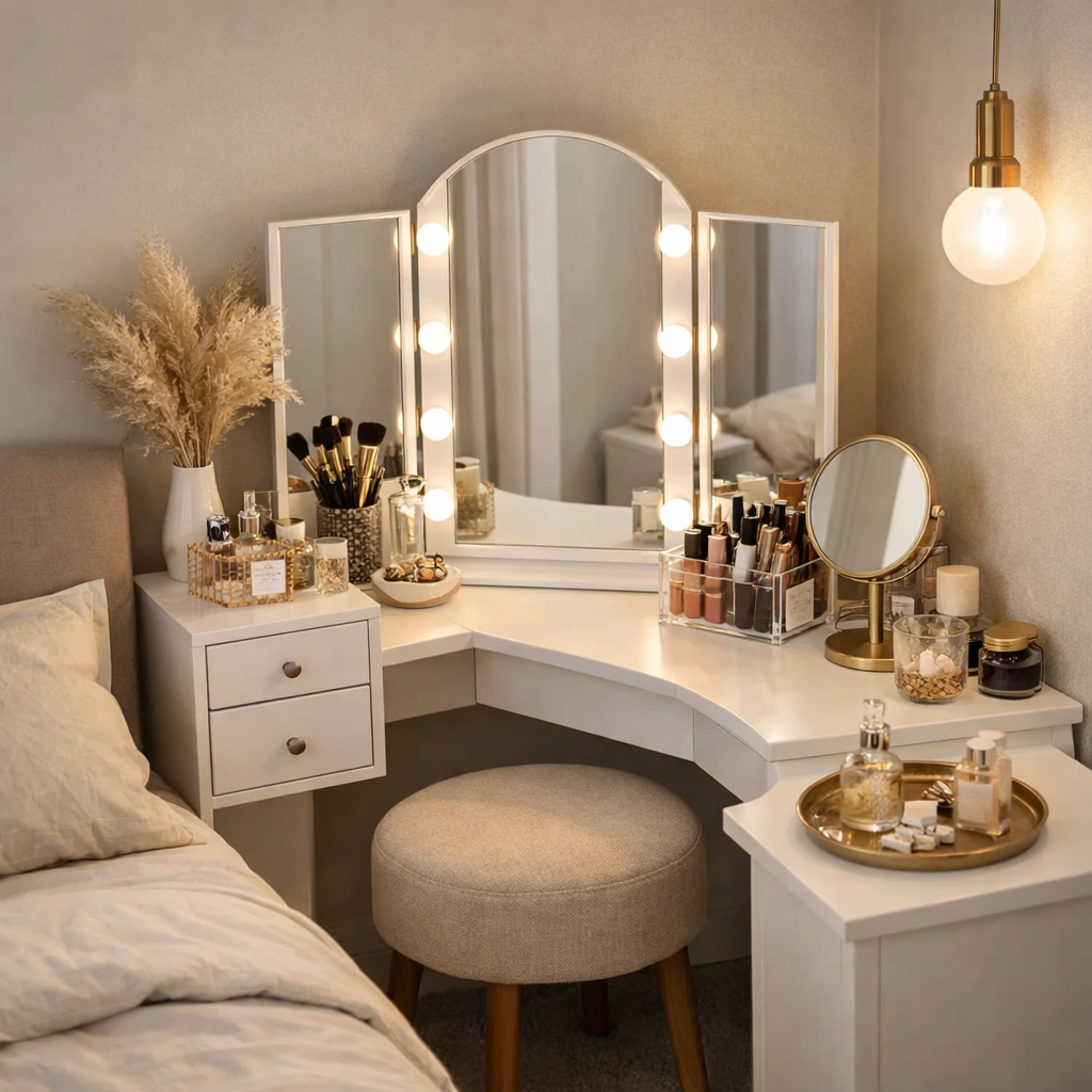 A compact corner vanity featuring a mirror with lights, organized makeup and skincare products, and a cozy seating area.