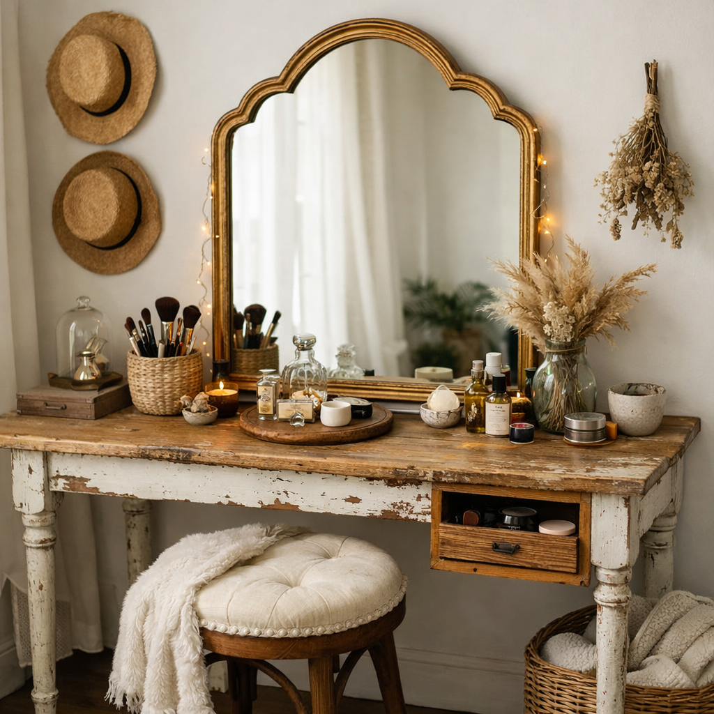 Vintage styled bedroom vanity with a decorative mirror, beauty products, and cozy accents