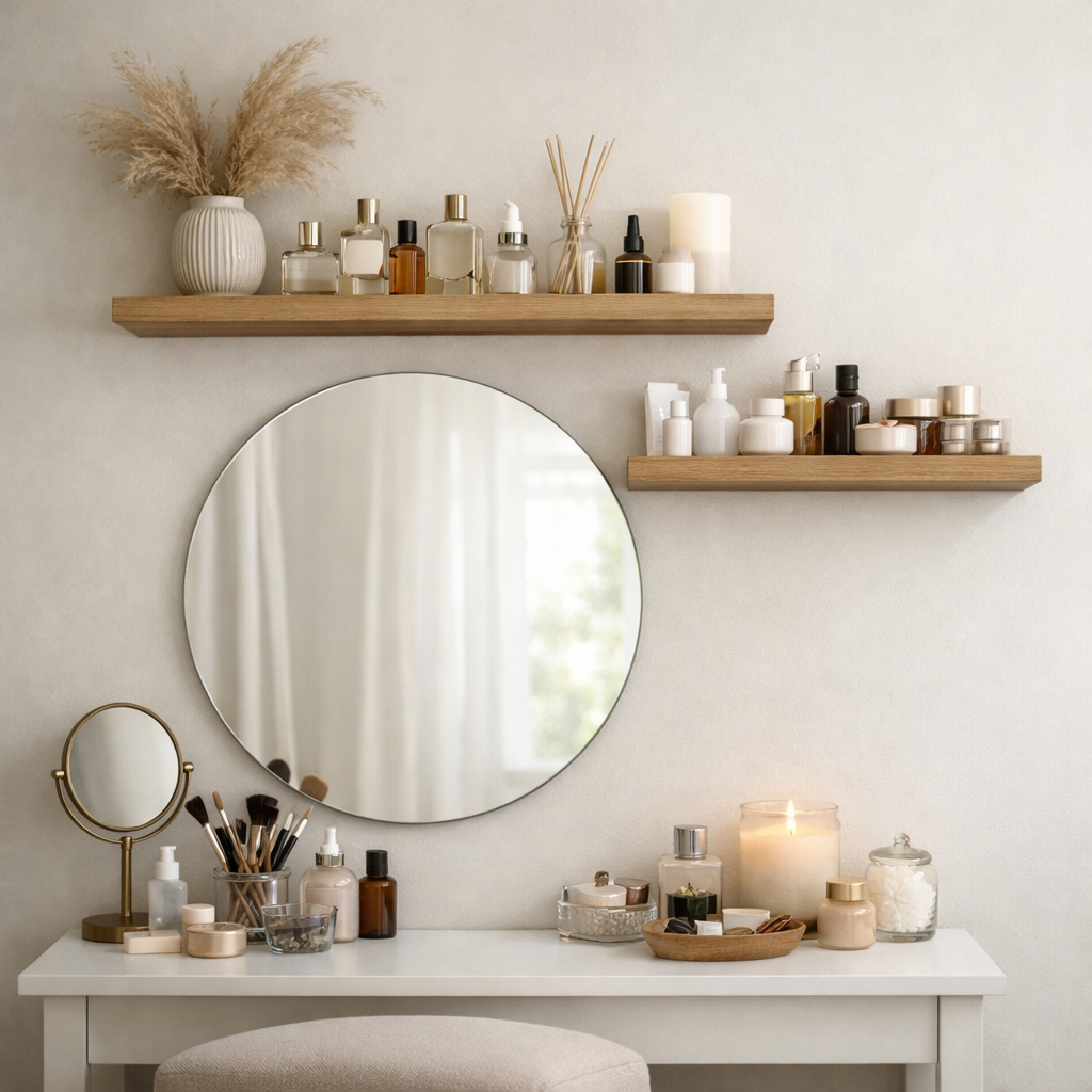 A stylish setup featuring floating shelves with beauty products and a round mirror in a cozy bedroom.