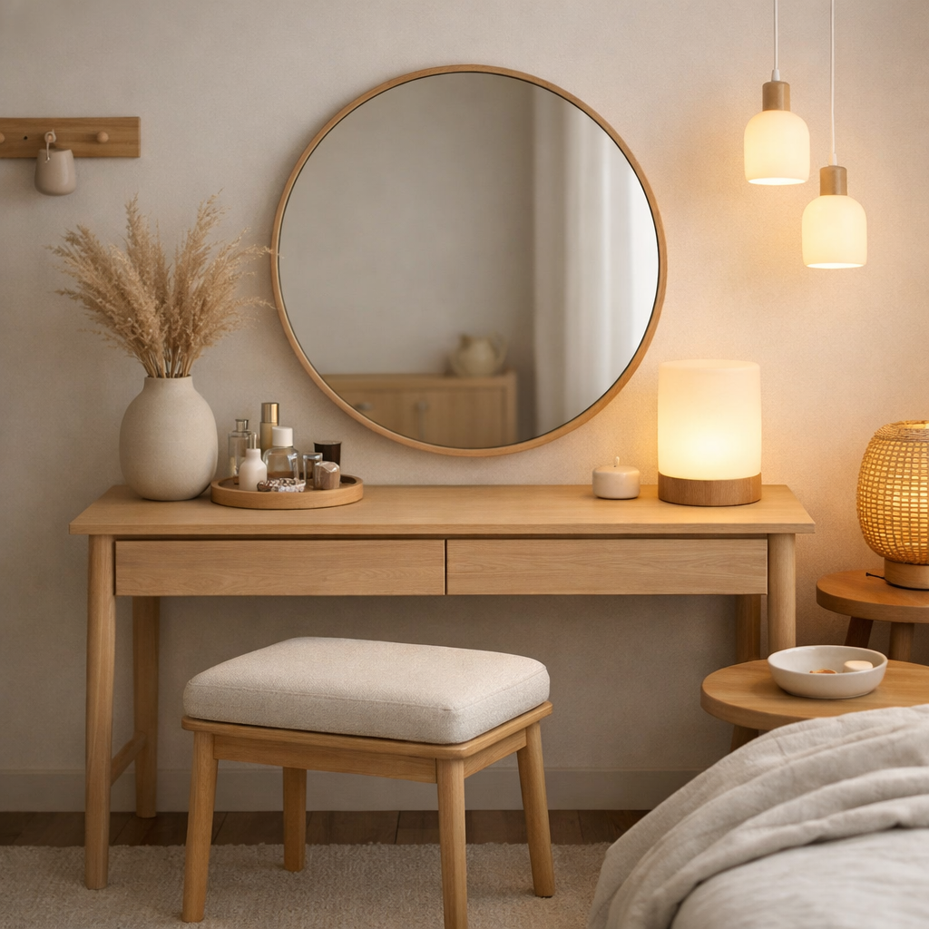 A minimalist Scandinavian vanity setup in a cozy bedroom, featuring a round mirror, wooden table, and soft stool.