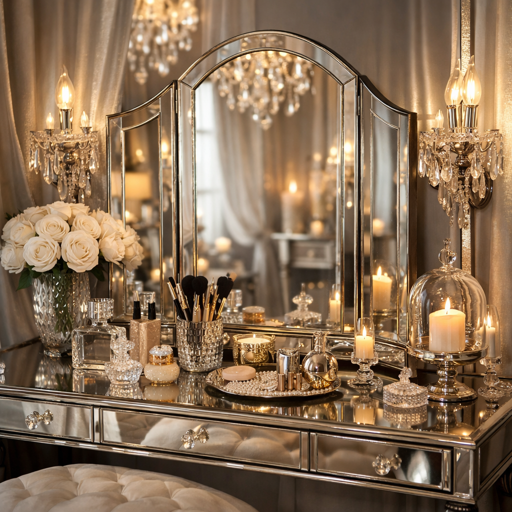 An elegantly decorated mirrored vanity table with candles, flowers, and makeup accessories.
