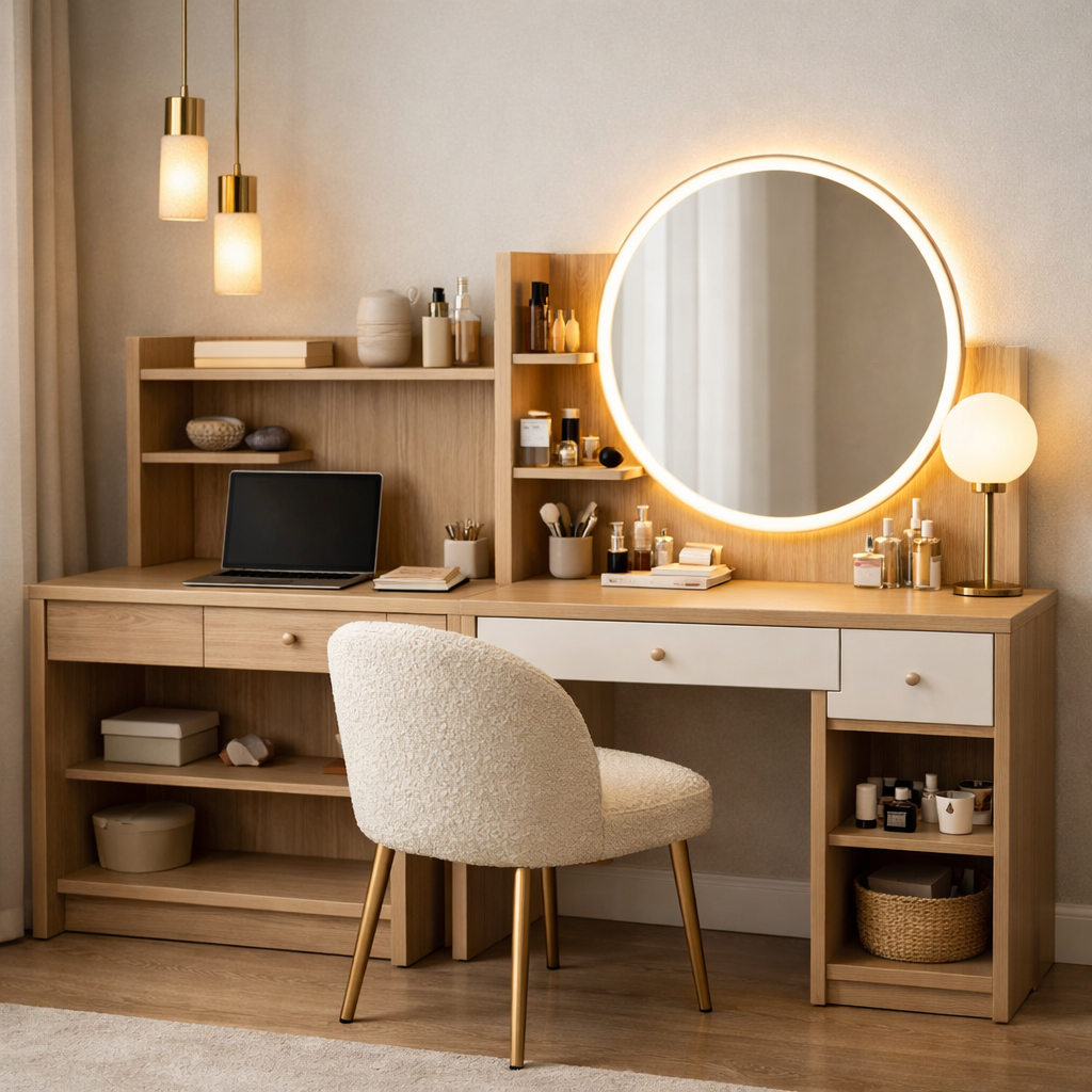 Stylish multi-functional vanity setup in a small bedroom with a round mirror, storage shelves, and sleek desk.