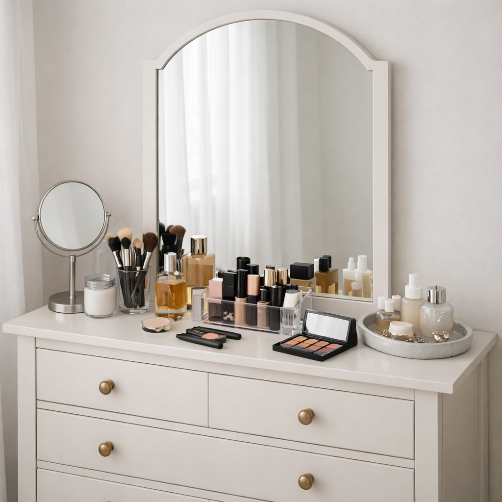 A narrow dresser styled as a vanity with various beauty products and a mirror