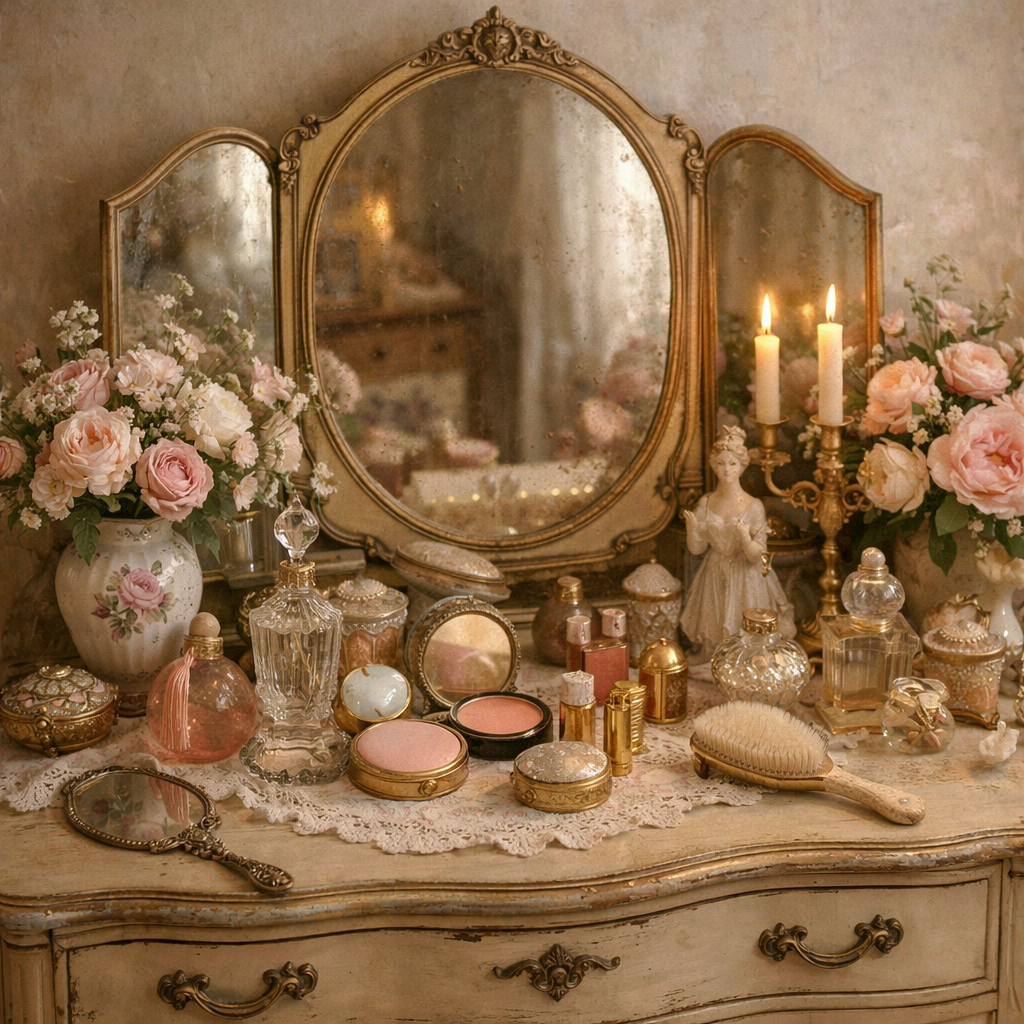 A vintage-inspired dresser decorated with beauty products, flowers, and a mirror.