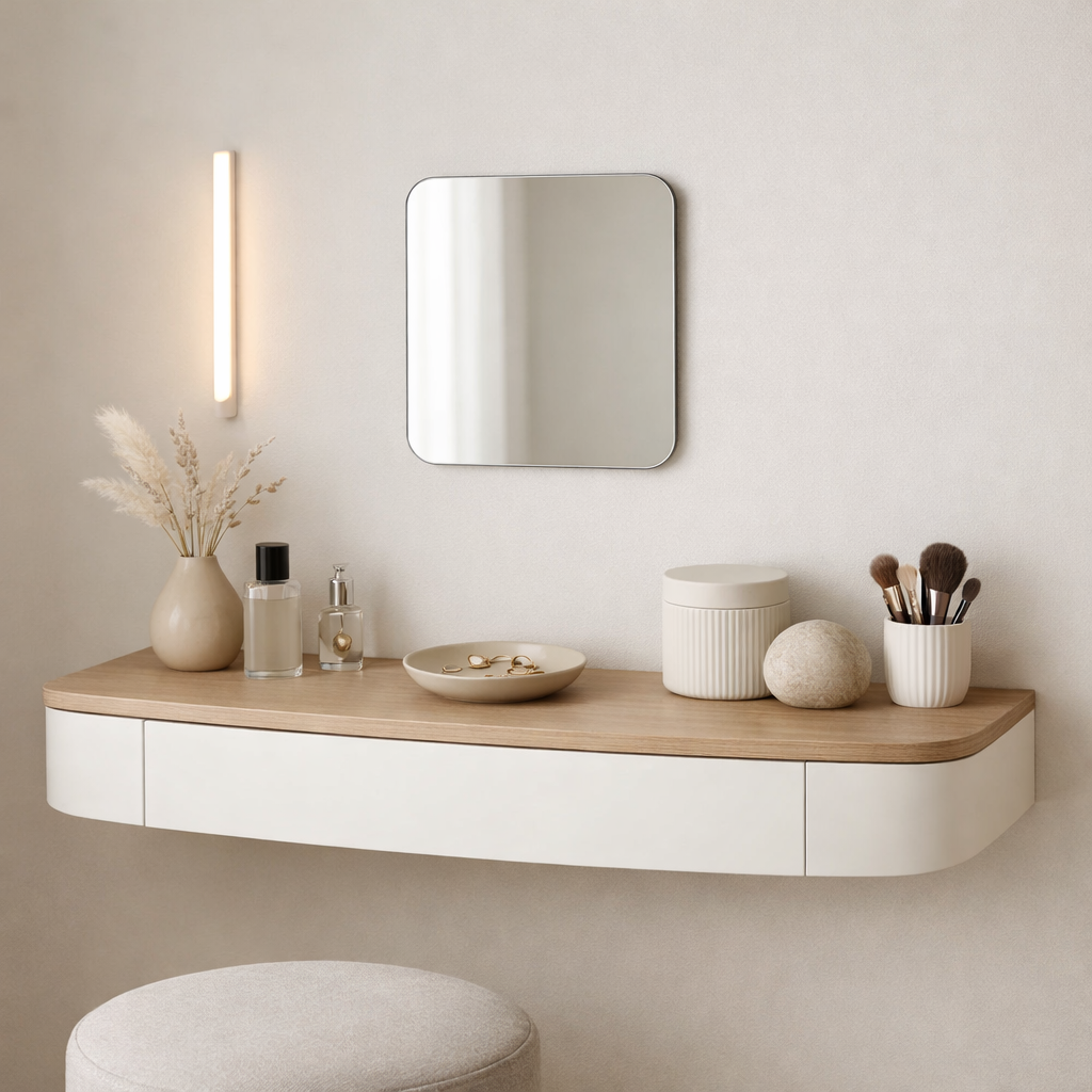 A stylish wall-mounted vanity in a modern bedroom with a mirror, decorative items, and storage.