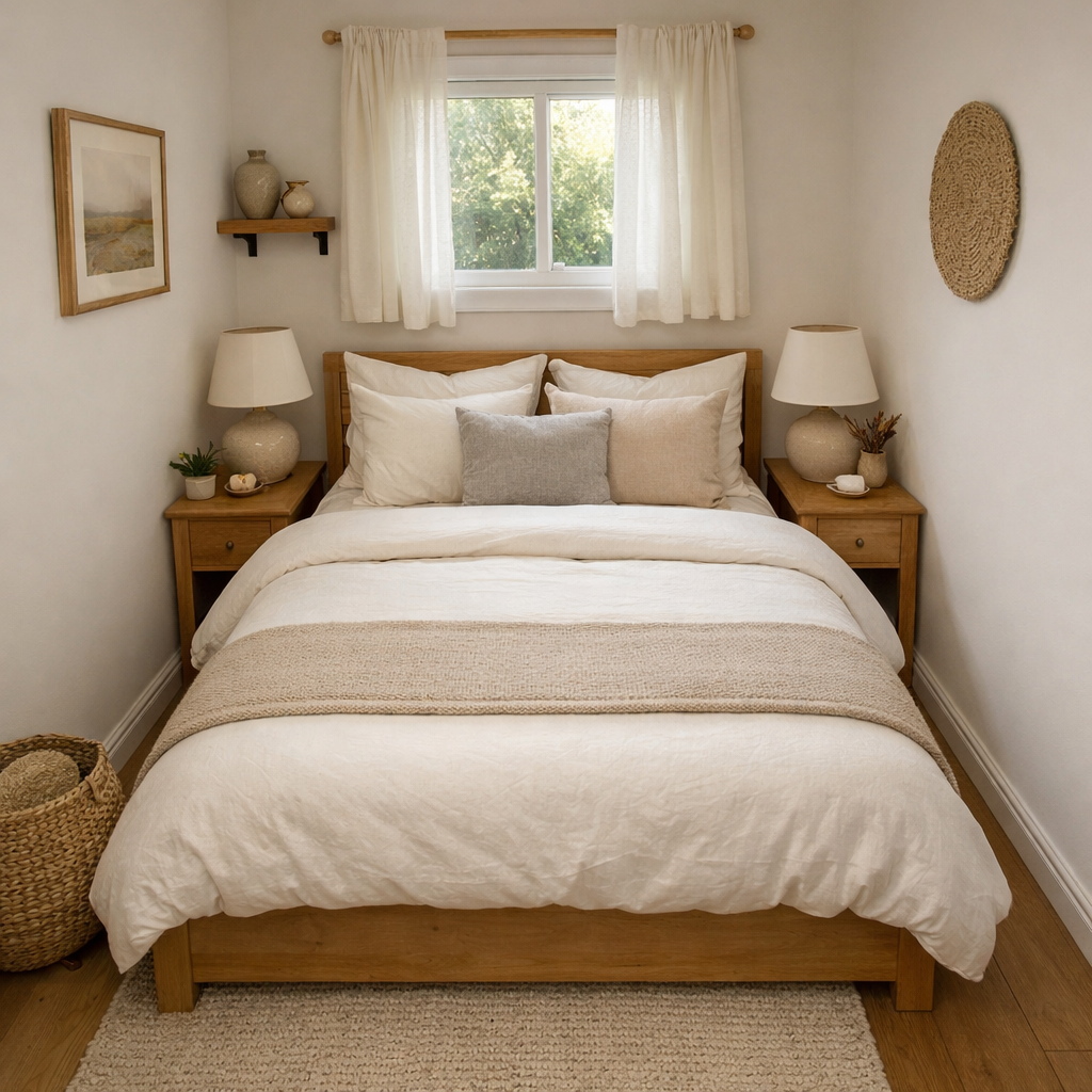 A small bedroom featuring a cozy bed, wooden furniture, and warm decor.