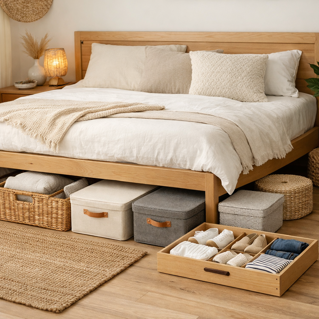 A cozy bedroom featuring a bed with under-bed storage organized with baskets and boxes.