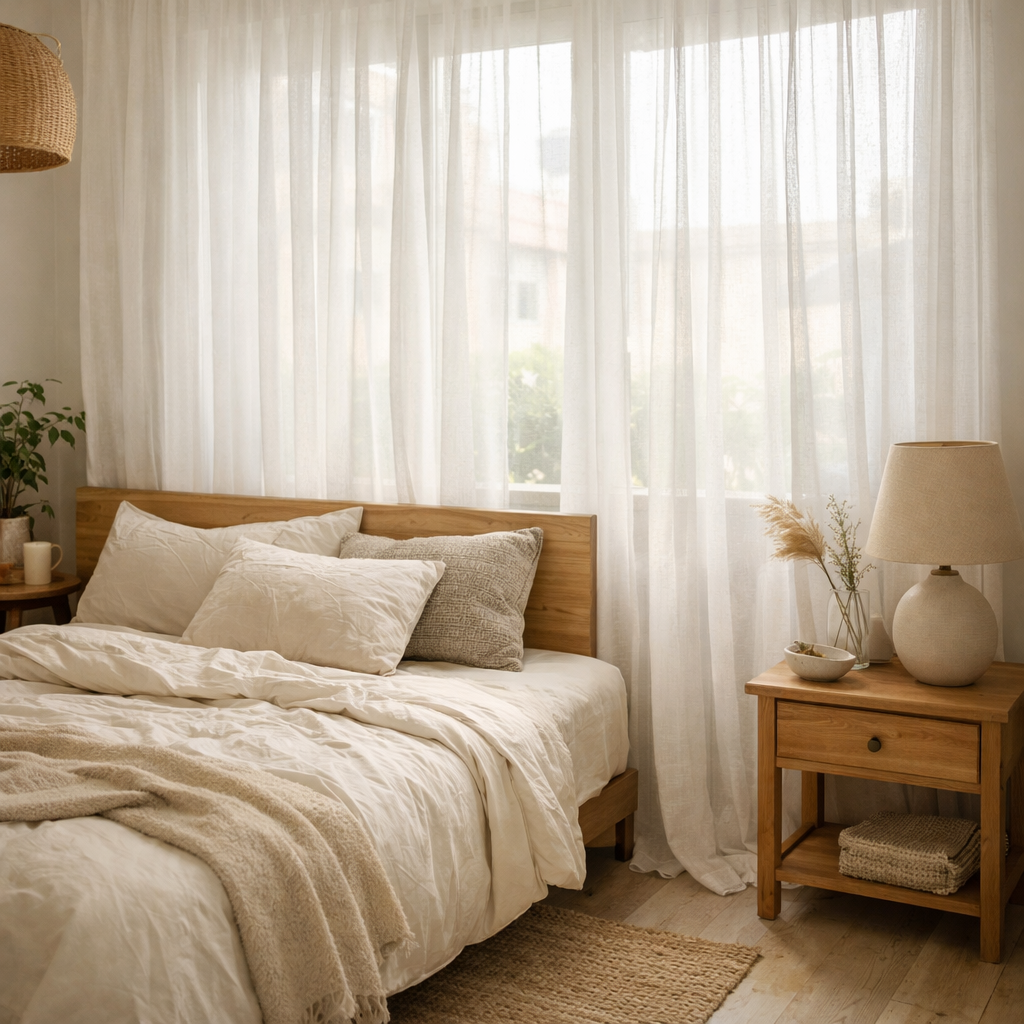 A cozy small bedroom featuring light sheer white curtains, a wooden bed with fluffy pillows, and a bedside table with a lamp and decorative elements.