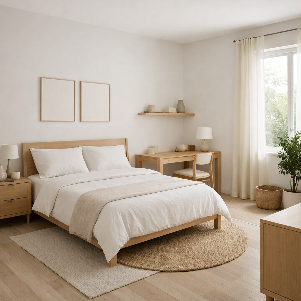 A minimalist small bedroom featuring a wooden bed, white linens, and natural decor elements.