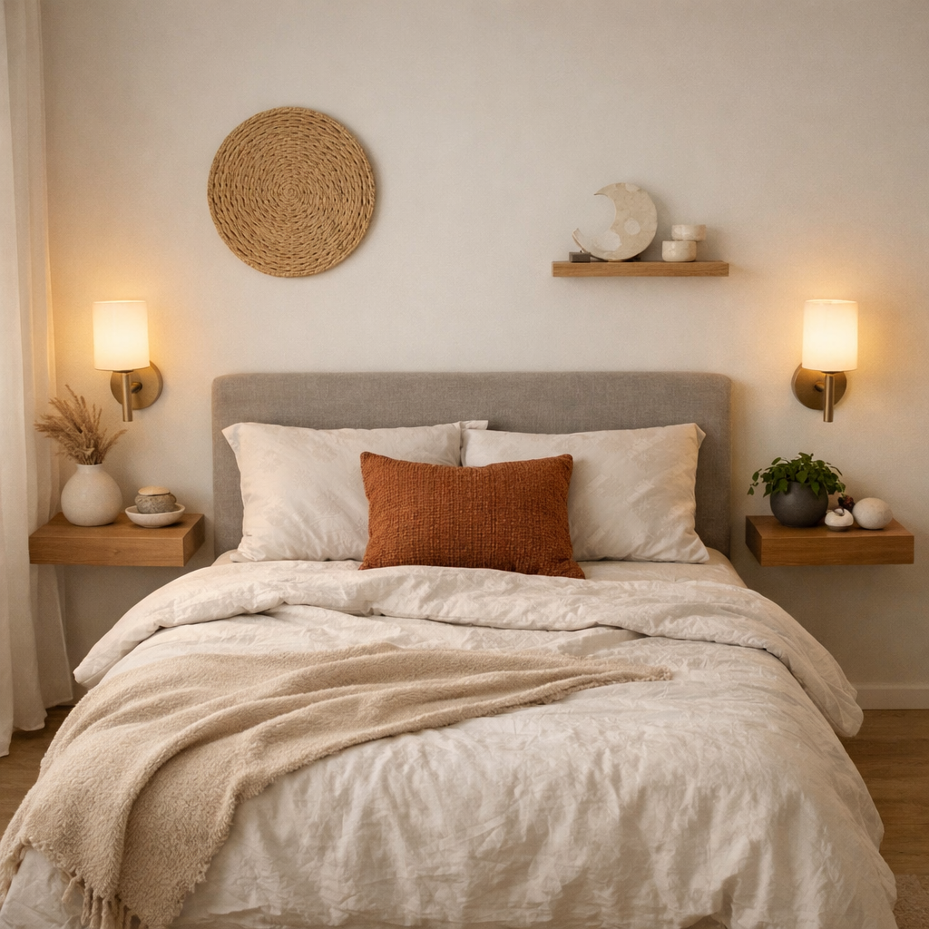 A cozy bedroom featuring a grey bed, floating nightstands with decor, and soft lighting.