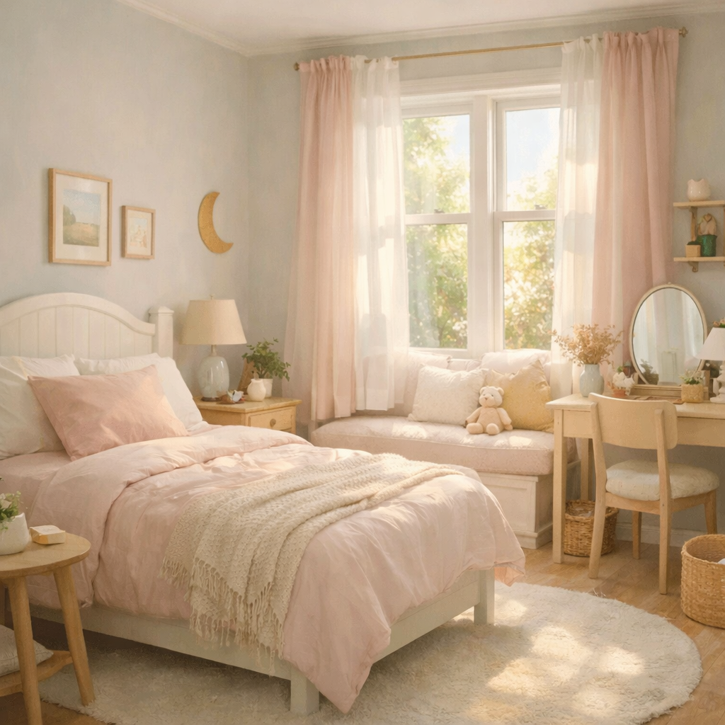 A cozy small bedroom featuring light colors and a relaxed atmosphere