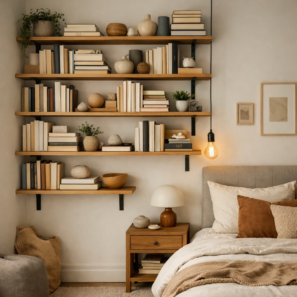 A cozy bedroom featuring a wall with wooden shelves filled with books and decorative objects