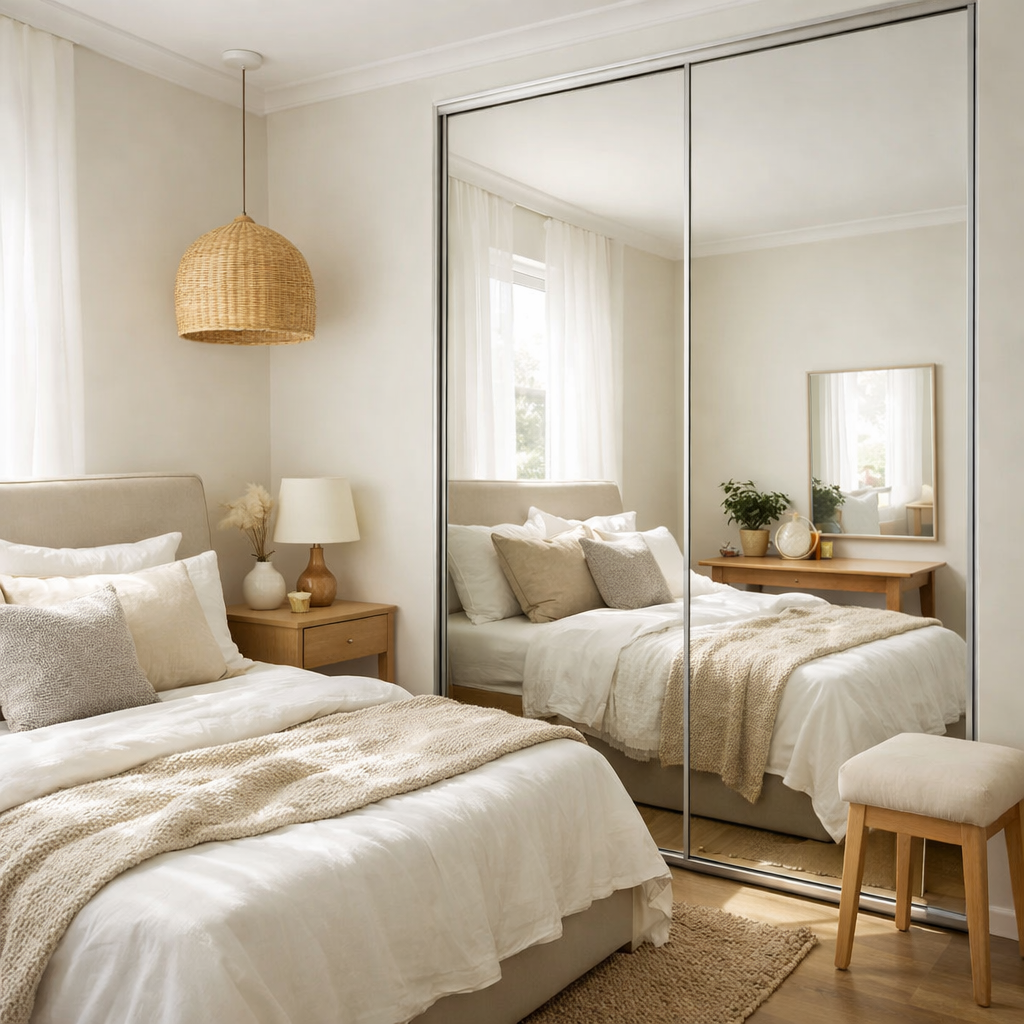 Cozy bedroom with mirrored wardrobe doors and stylish decor.