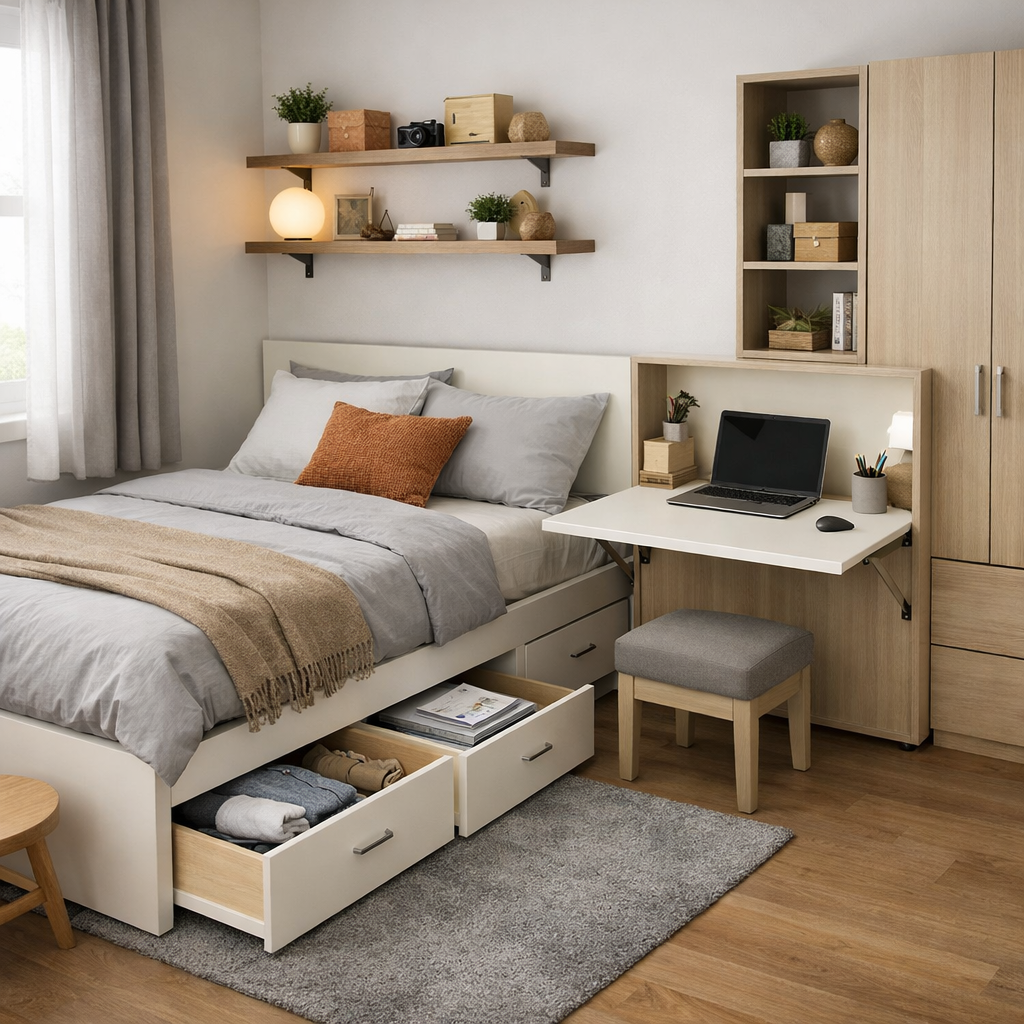 Cozy small bedroom featuring multi-functional furniture, including a bed with storage drawers and a foldable desk.