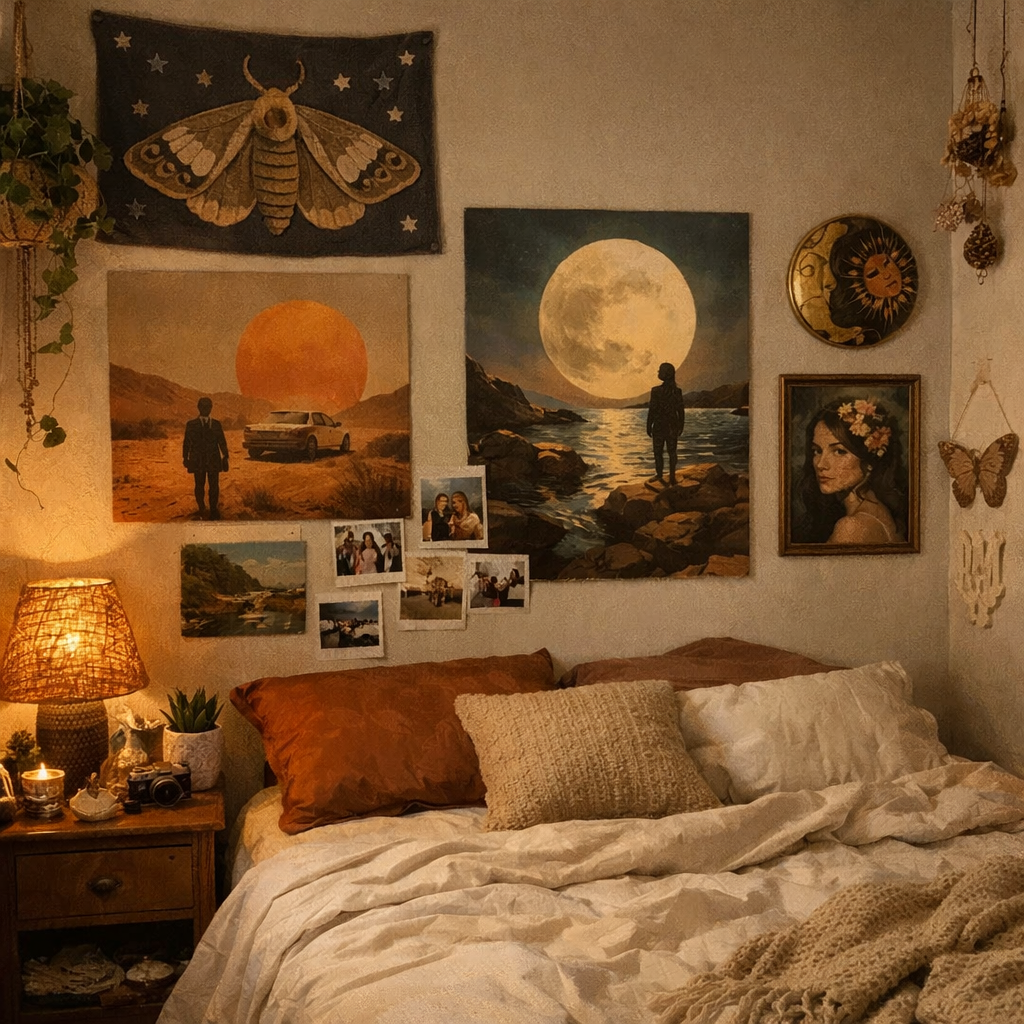 A cozy bedroom featuring a wall with various personalized wall art pieces, including paintings and photographs.