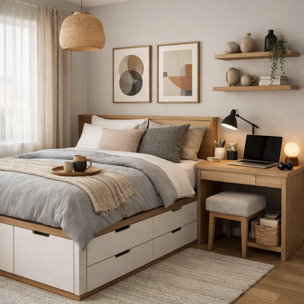 A small bedroom featuring a cozy bed with storage underneath and a compact desk.