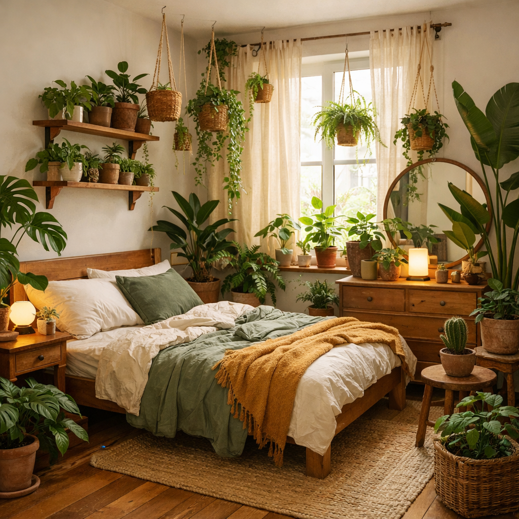 A cozy bedroom filled with various plants, including hanging and potted greenery, creating a serene atmosphere.