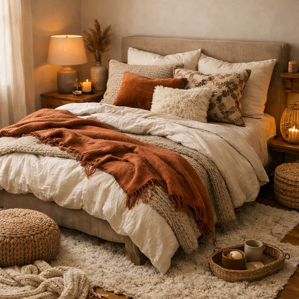 A cozy small bedroom with a layered bed featuring various textures and colors, creating a comfortable and inviting atmosphere.