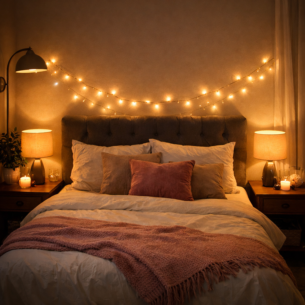 A cozy small bedroom featuring string lights, bedside lamps, and decorative pillows on the bed.