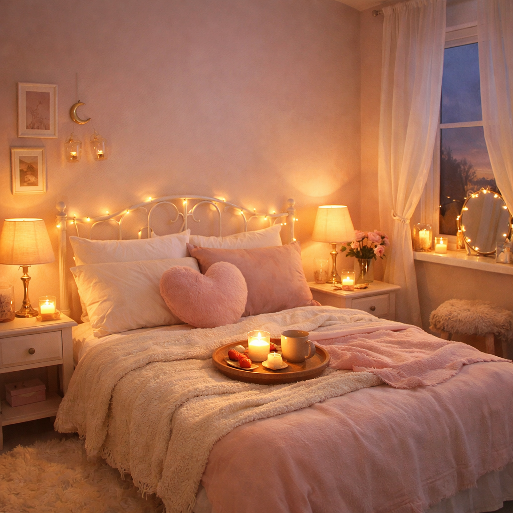 A cozy small bedroom decorated with soft colors, a heart-shaped pillow on the bed, and warm lighting.