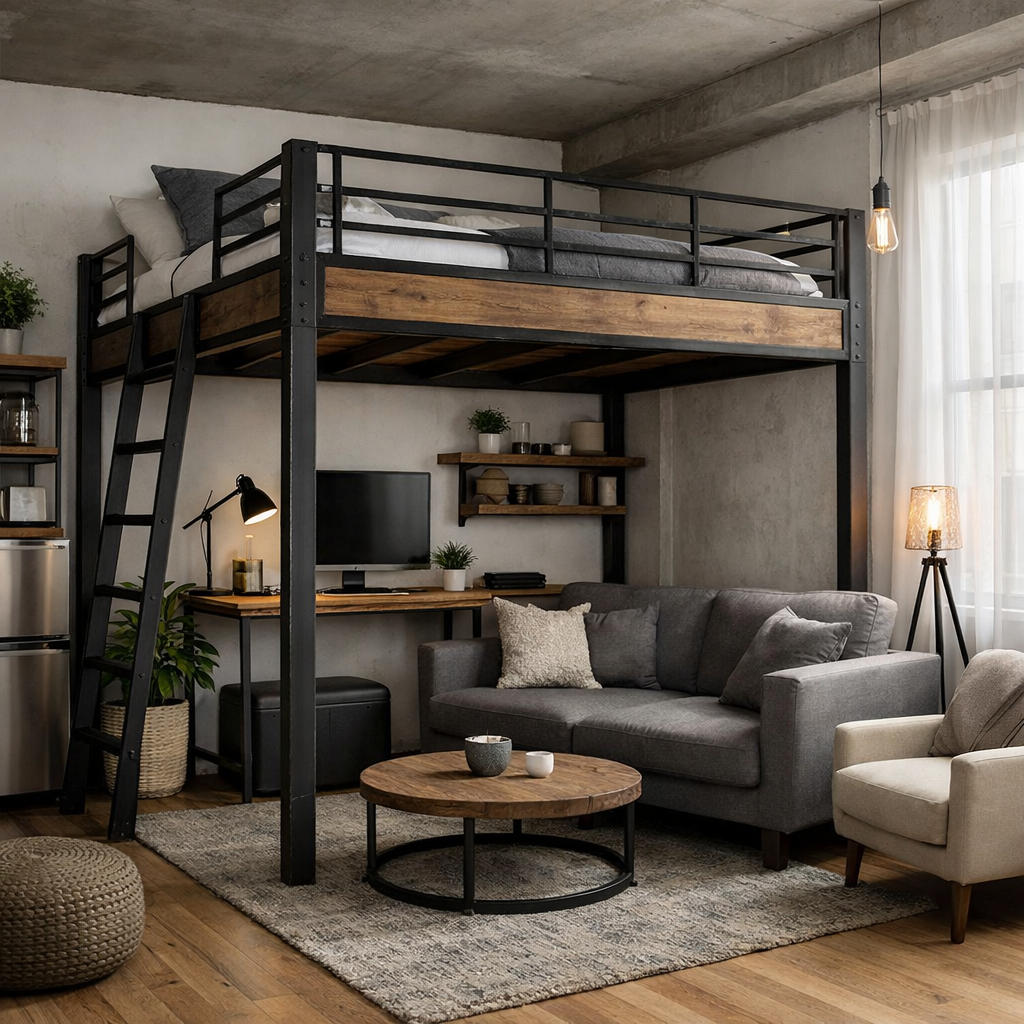 A modern industrial-style loft bed with a workspace and sitting area underneath in a small room.
