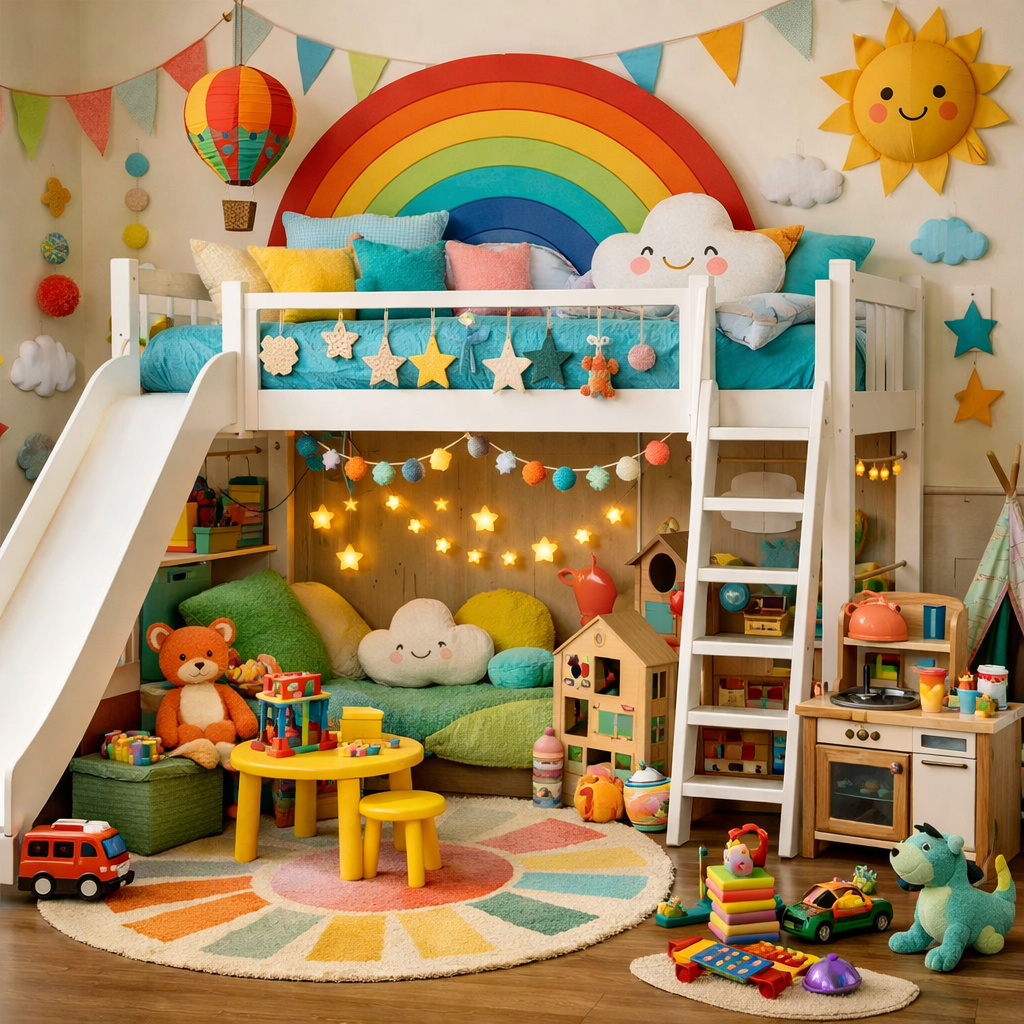 A colorful kids' room featuring a loft bed with a slide, vibrant decorations, and a playful ambiance.