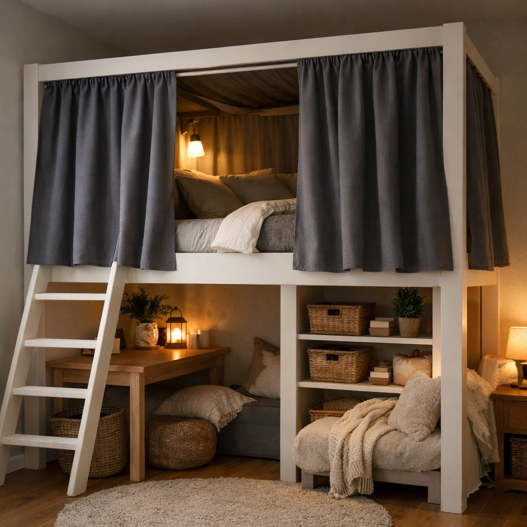 Cozy loft bed with privacy curtains and stylish storage underneath.