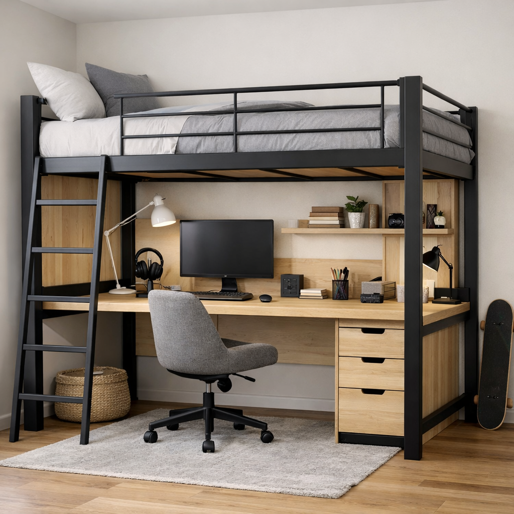 A stylish loft bed with a built-in desk in a cozy room setting.
