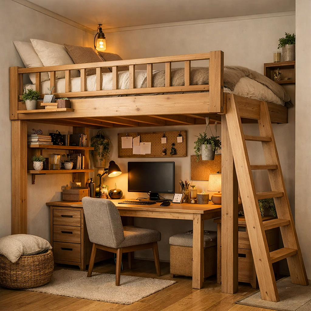 Cozy room with a wooden loft bed, a work desk underneath, and plants decorating the space.