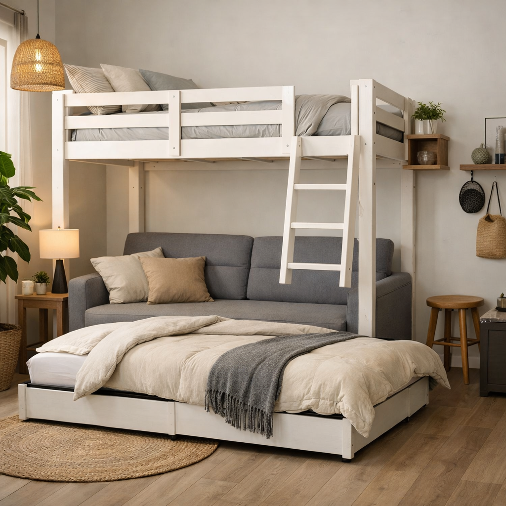 A stylish multi-functional loft bed with a sofa in a small room.