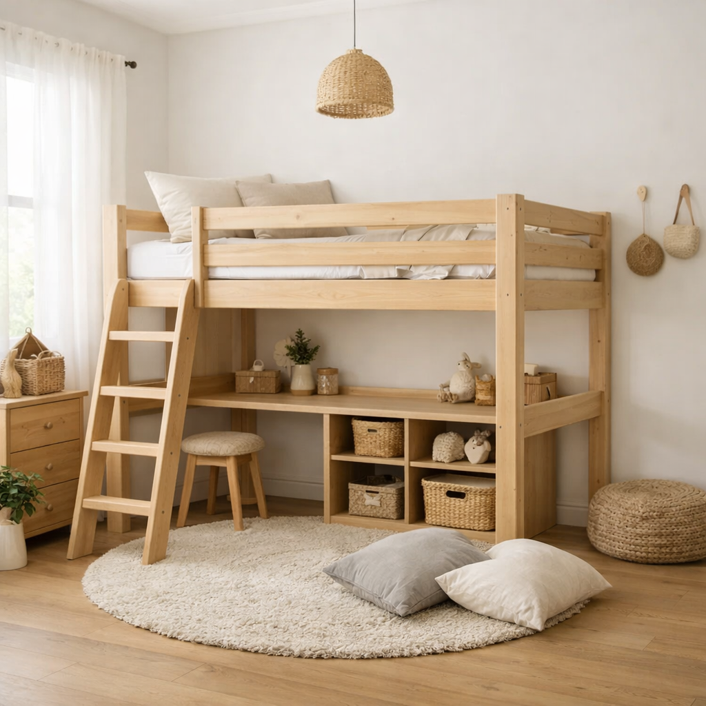 Scandinavian inspired loft bed in a small room with wooden decor and cozy accessories
