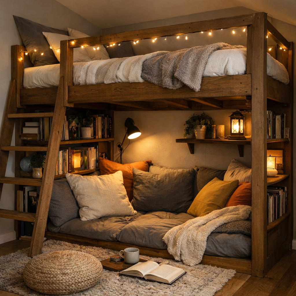A loft bed transformed into a cozy reading nook with soft cushions, bookshelves, and warm lighting.