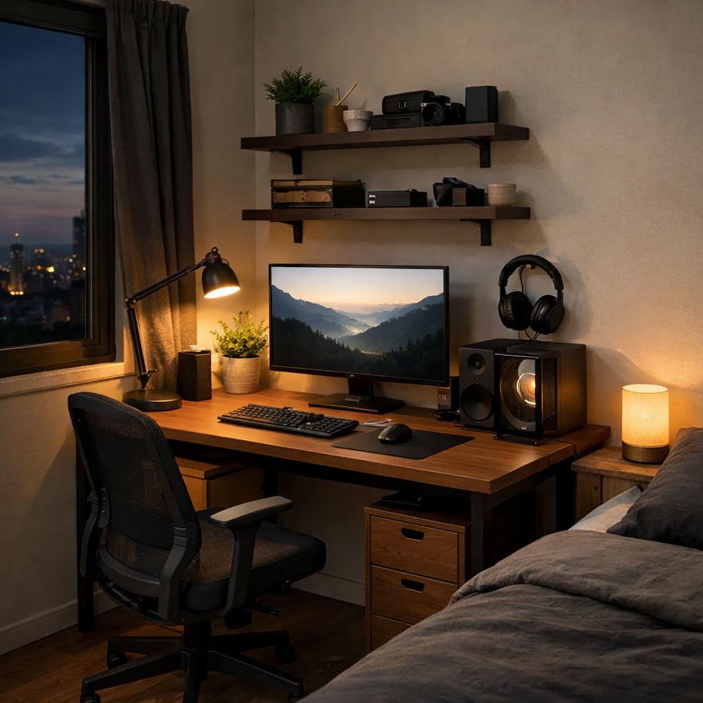 A cozy desk setup in a small bedroom, featuring a computer monitor, comfortable chair, and decorative items on shelves.