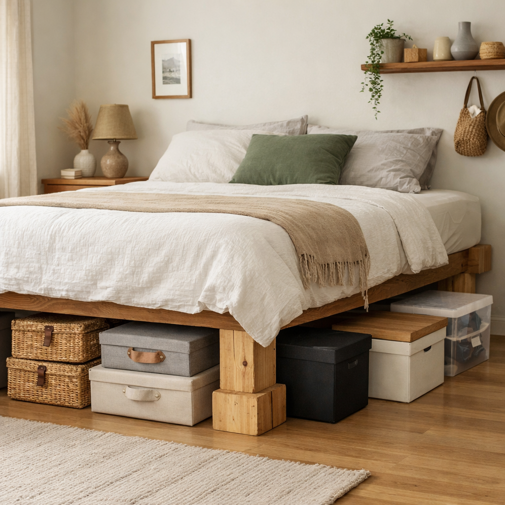 Cozy small bedroom with creative storage under the bed, featuring baskets and boxes.