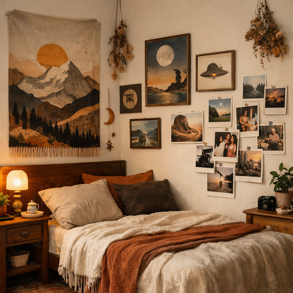 Cozy small bedroom with a mountain tapestry, framed art, and photographs on the walls.