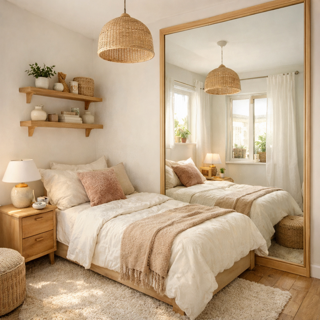 A small bedroom with a large mirror enhancing the space, light colors, wooden furniture, and cozy decor.