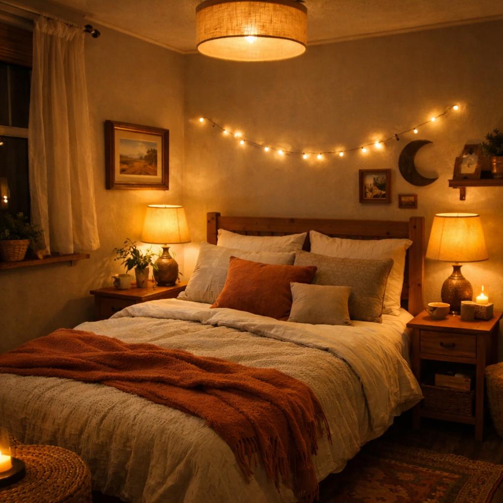 A cozy small bedroom showcasing layered lighting with lamps and string lights.