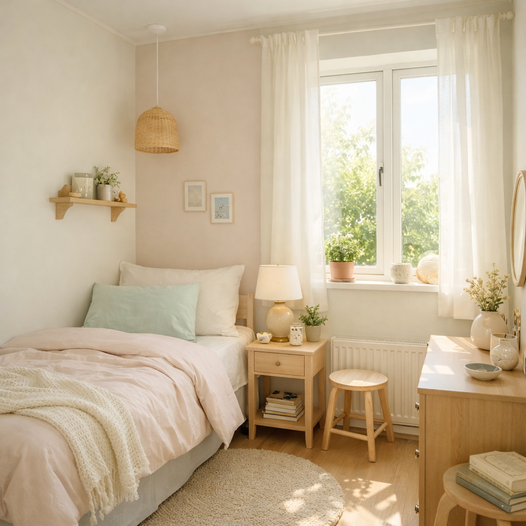 A small bedroom featuring light color palettes, soft furnishings, and natural light.
