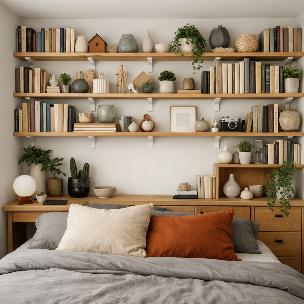 A small bedroom with wall-mounted shelving filled with books and decorative items, creating an organized and cozy look.