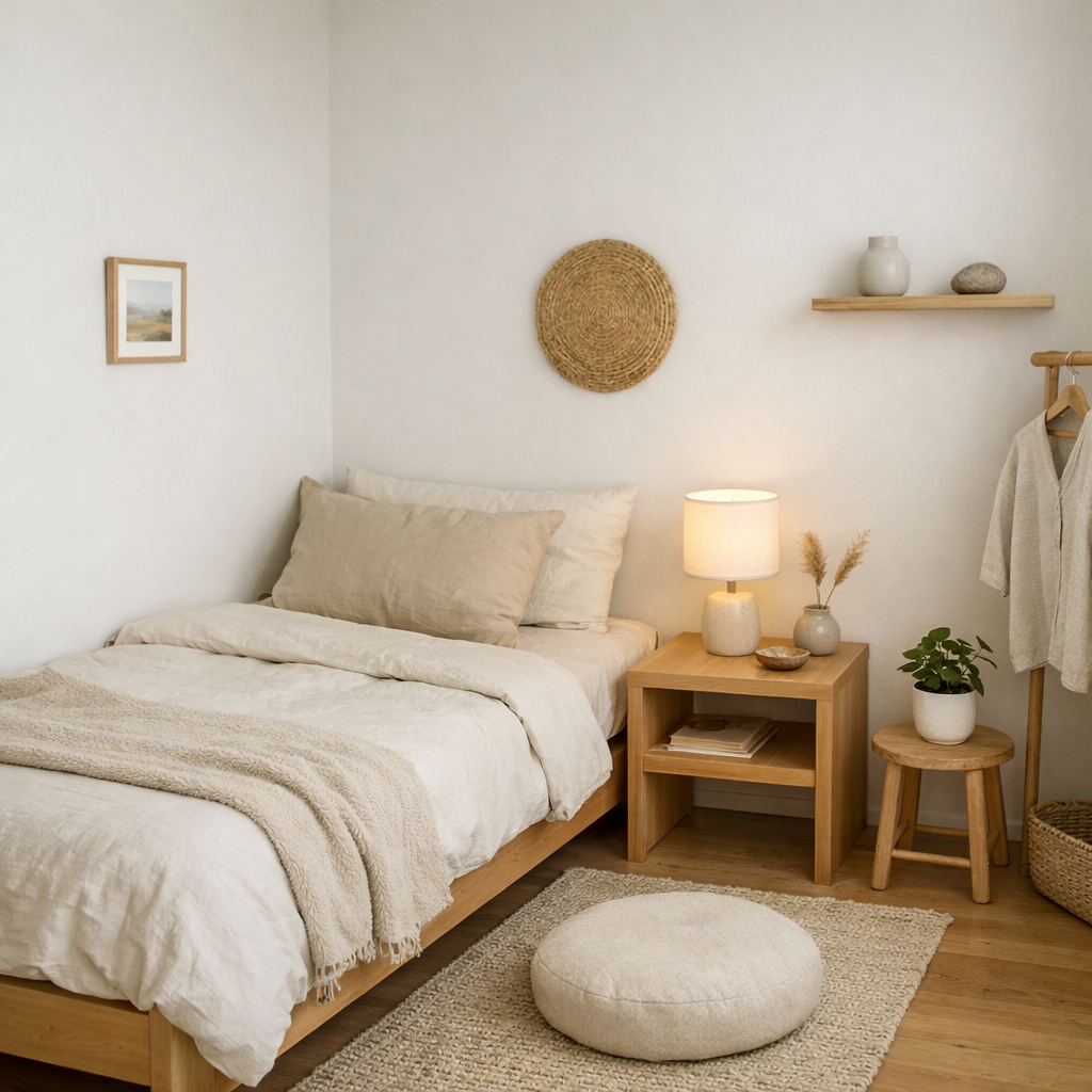 A small minimalist bedroom with light bedding, wood furniture, and subtle decorations.