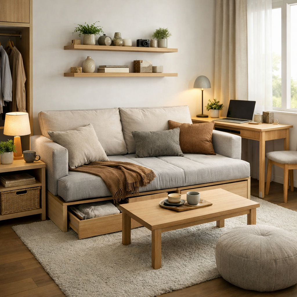 Cozy small living space with multi-functional furniture, including a storage couch, coffee table, shelves, and decorative items.