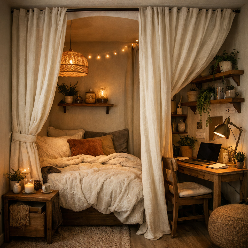 A small bedroom with curtains creating a cozy and defined space.
